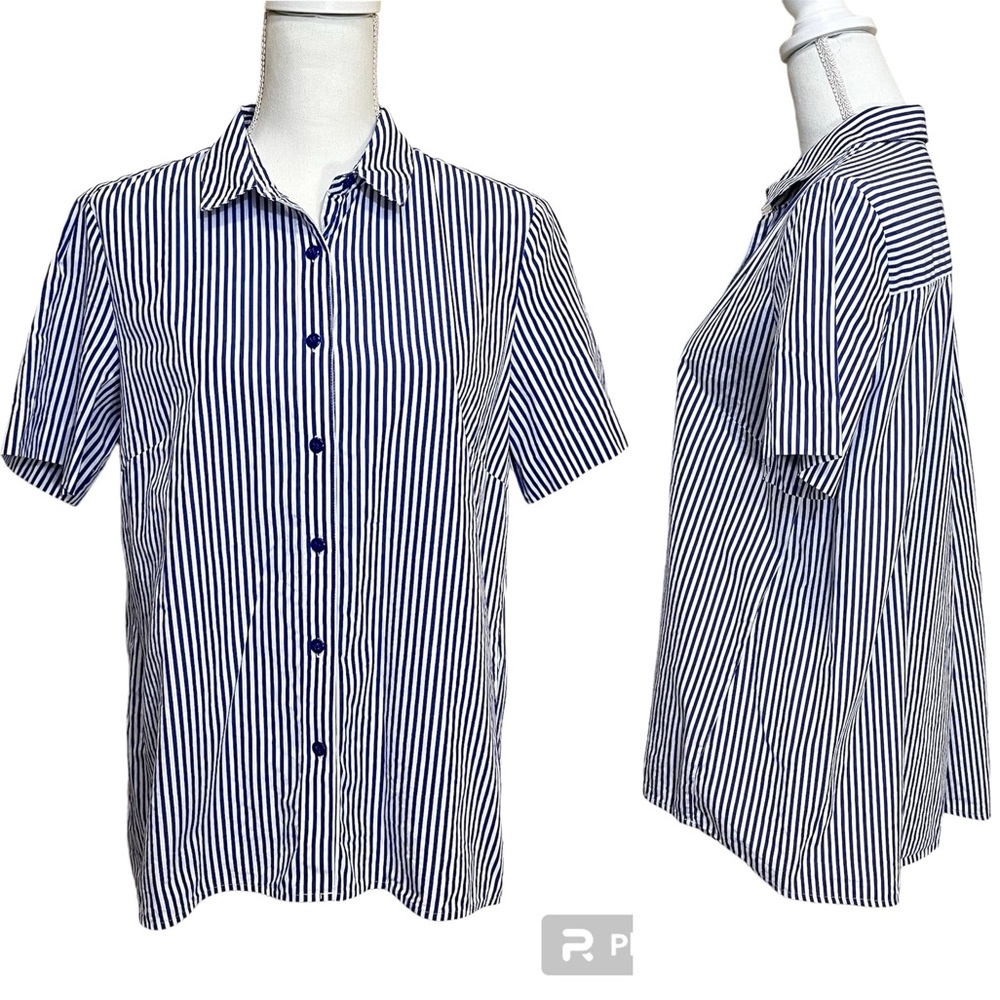Halogen Women’s Blue and White Stripes Button Up Shirt